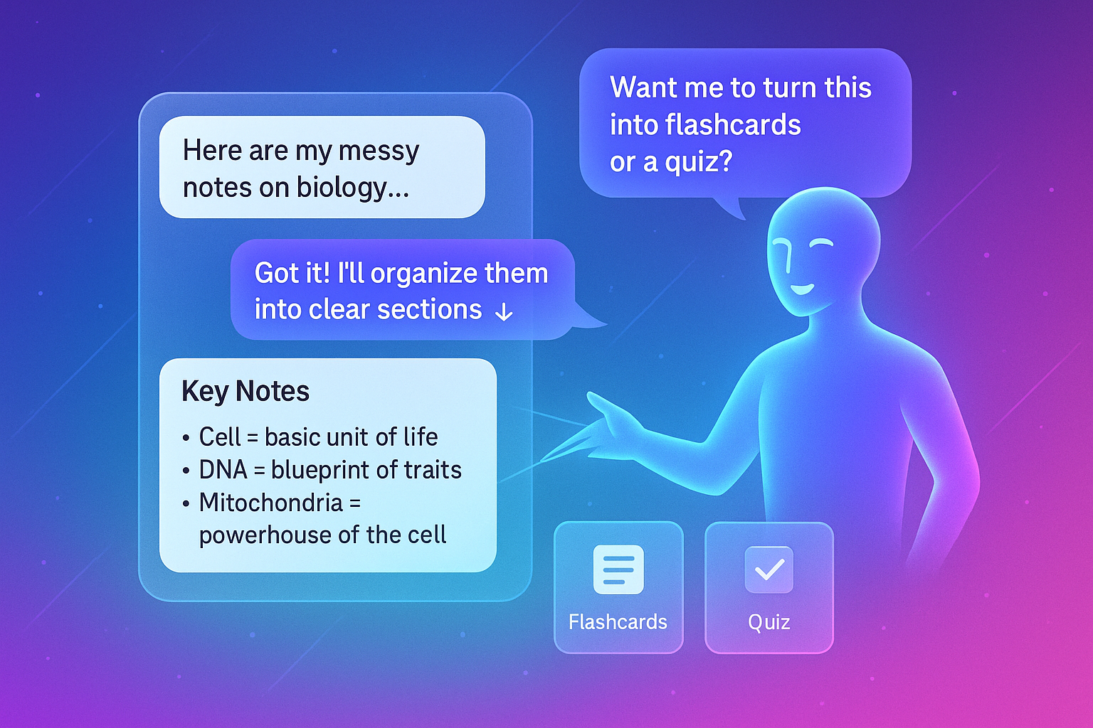 StudentAI transforming messy biology notes into organized flashcards and quizzes