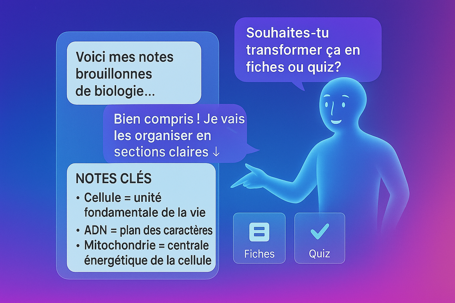 StudentAI transforming messy biology notes into organized flashcards and quizzes