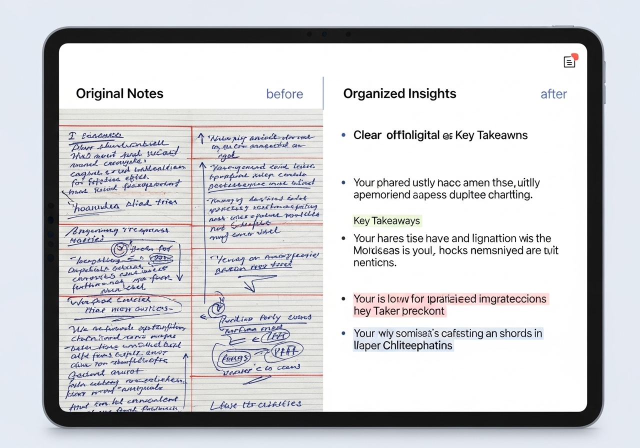AI organizing messy notes into clean outlines and key takeaways